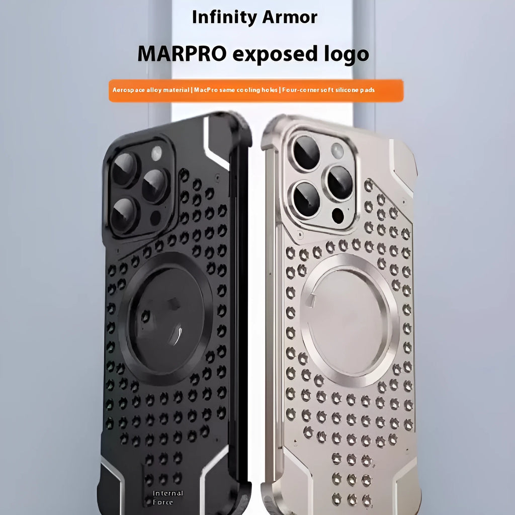 Borderless aluminum alloy phone case with hollow ventilation grid and magnetic ring inside, for iPhone 15 Pro Max in silver colour