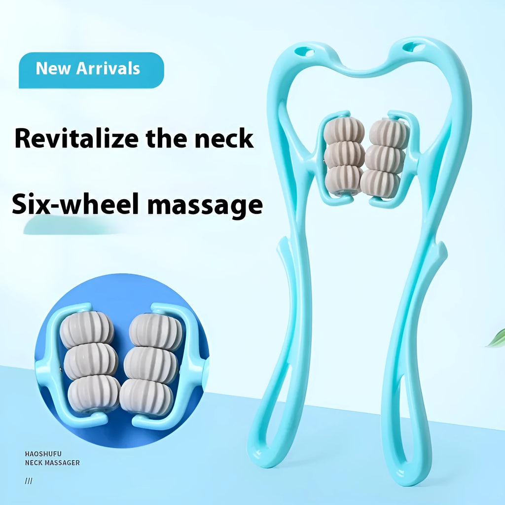 Blue plastic handheld six-wheel massager for neck shoulders and waist