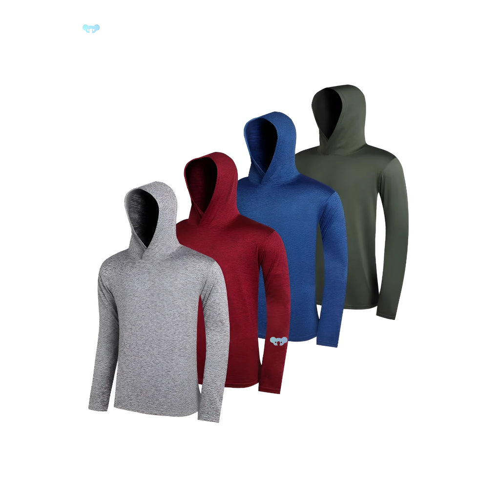 Men's 4-piece lightweight hoodie set in elastic polyester fabric with mix of hooded and regular tops