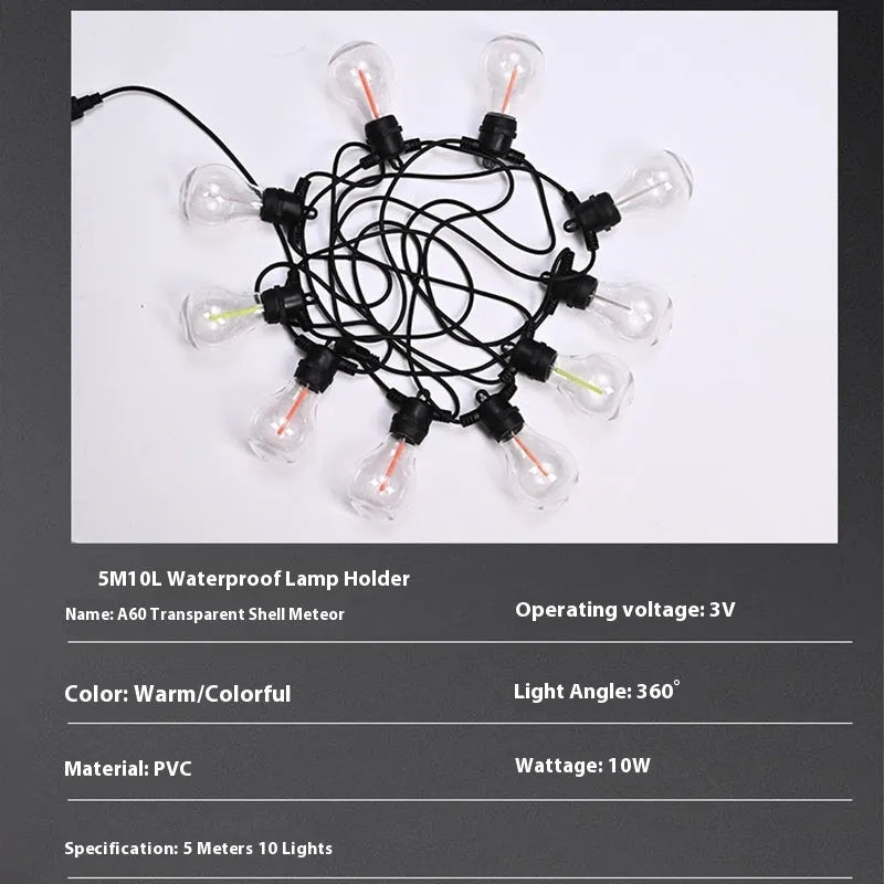 Waterproof outdoor string lights with 10 transparent meteor bulbs on 5-metre cable for garden and event decoration