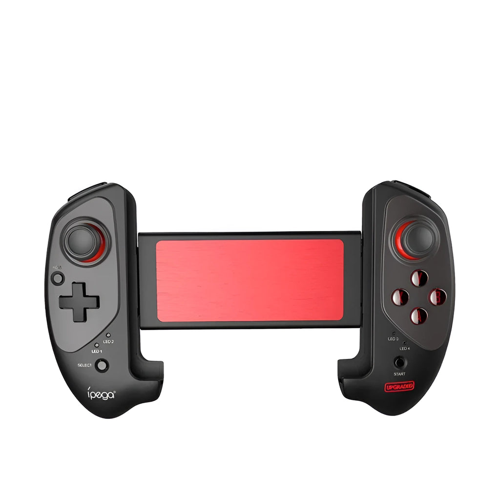 Red telescopic gamepad controller holding smartphone with USB cable