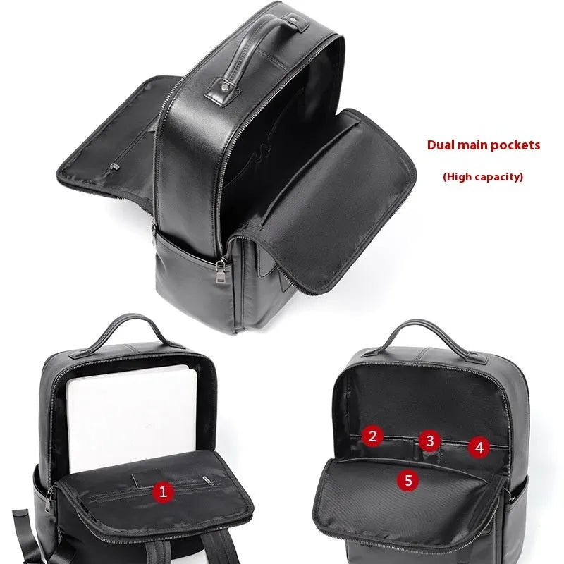 Large black genuine leather men's computer backpack with back support plate.