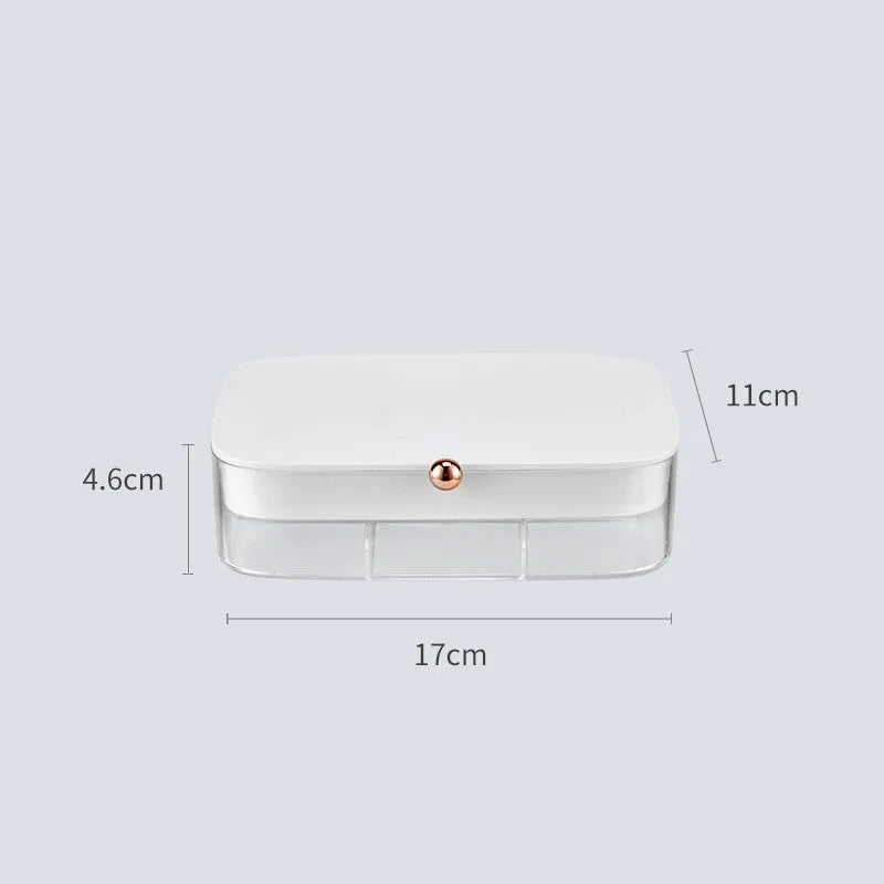 Modern minimalist multi-layer jewellery storage box in plastic construction showing dimensions and colour options