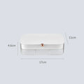 Modern minimalist multi-layer jewellery storage box in plastic construction showing dimensions and colour options