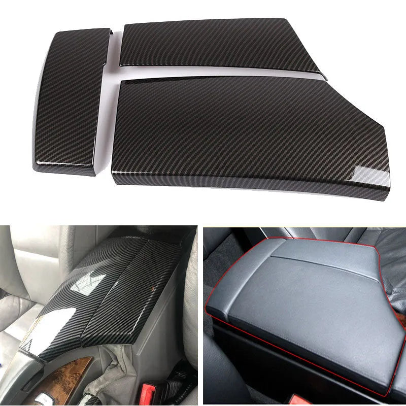 Three ABS plastic armrest box protective covers with carbon fibre pattern, measuring 33.5cm by 16cm