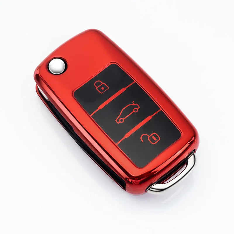 VW Model A car key case with removable metal buckle in blue, pink, red, and silver colour options.