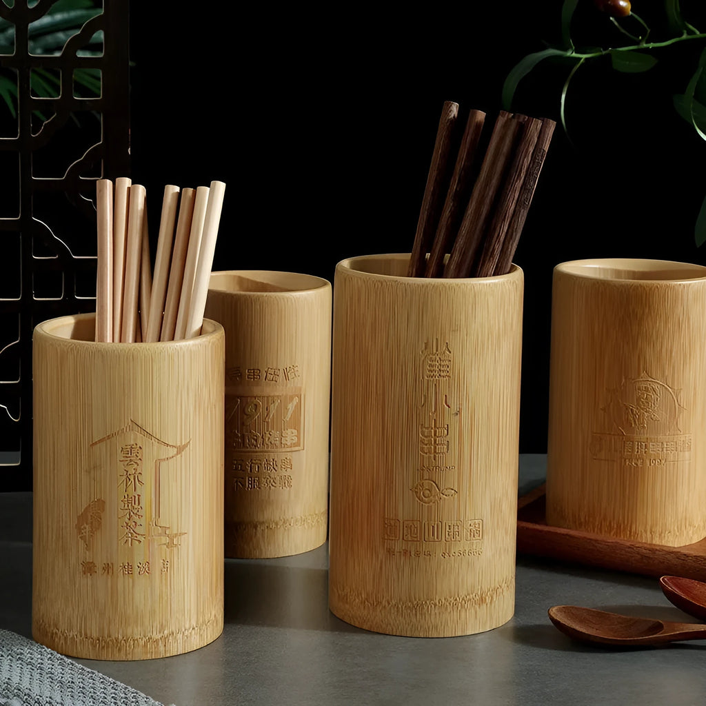 Wild bamboo chopsticks holder in various creative styles including tubes, bevel cuts, and groove patterns