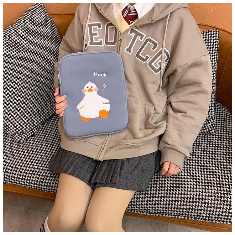 Blue cotton tablet case with duck embroidery design and zipper closure for iPad protection