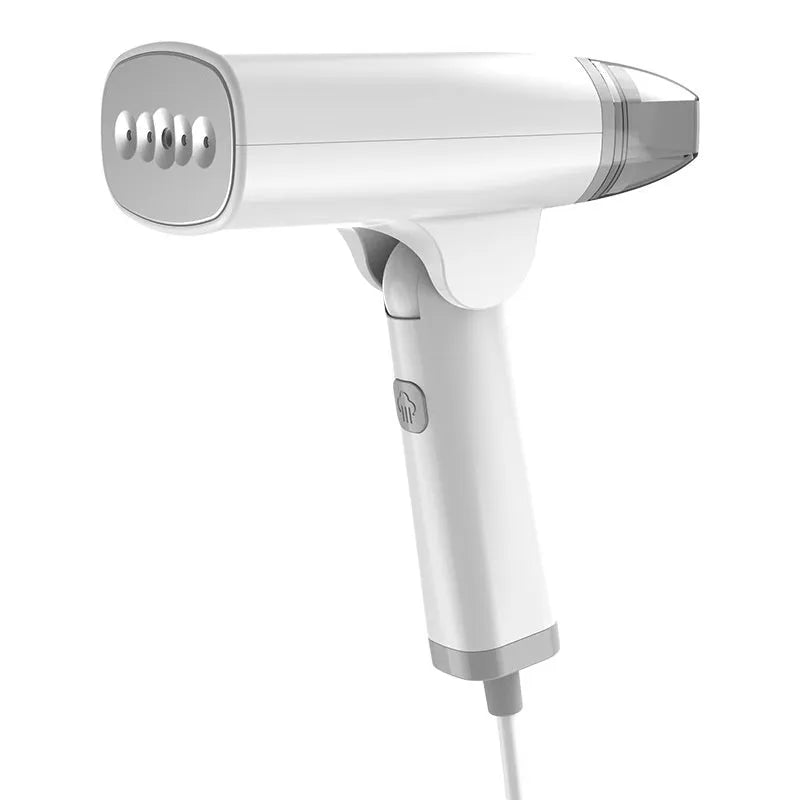 Blue and white handheld garment steamer with water tank and mechanical controls for wrinkle removal