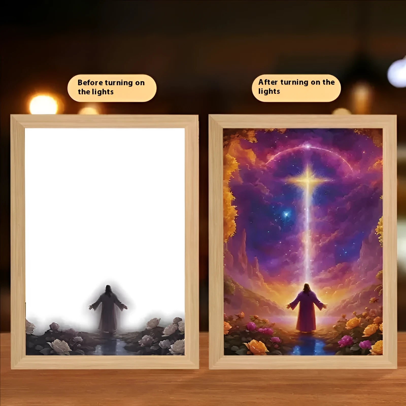 Modern rectangle LED photo frame displaying cross-themed art with interchangeable spiritual prints