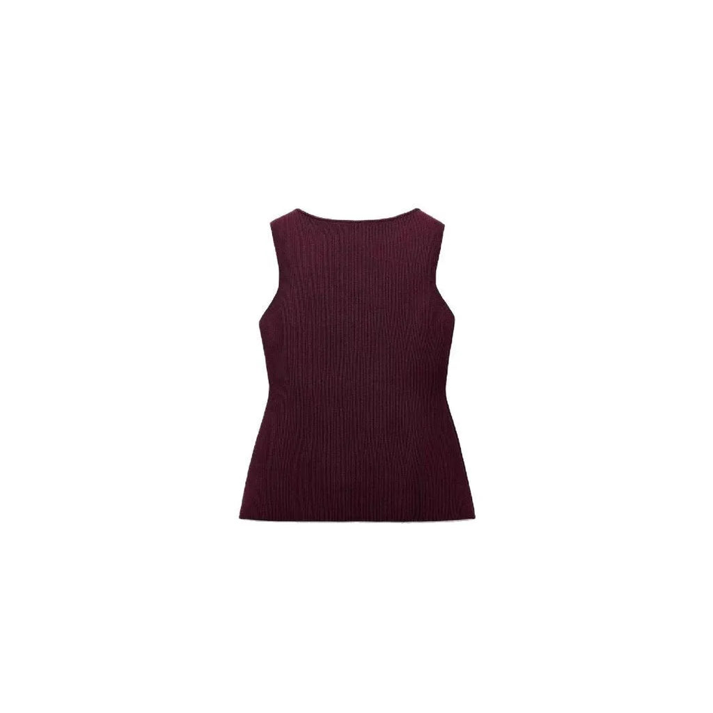 Women's dark red slim fit sweater vest with gold buttons and textured pattern.