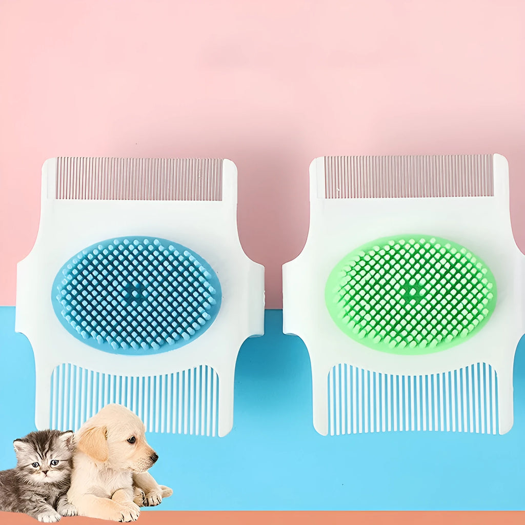 Blue and green multifunctional pet comb for dog grooming, showing compact 8.5cm size.