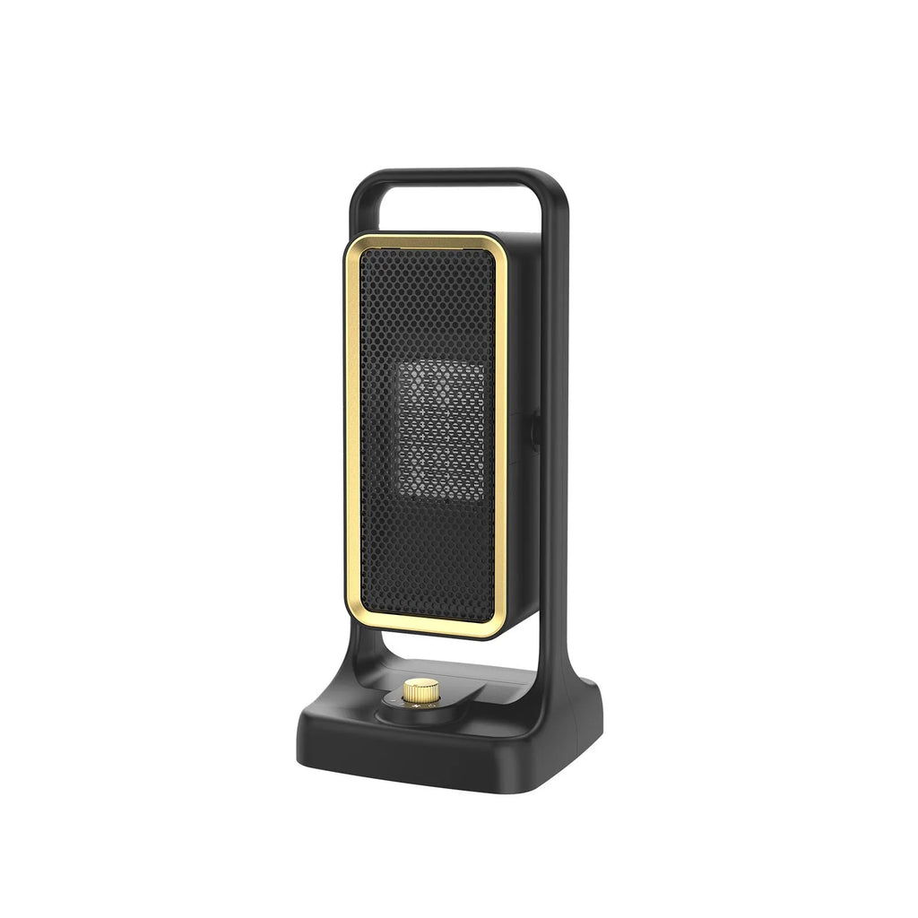 Black desktop PTC ceramic fan heater with control knob, shown on a table.