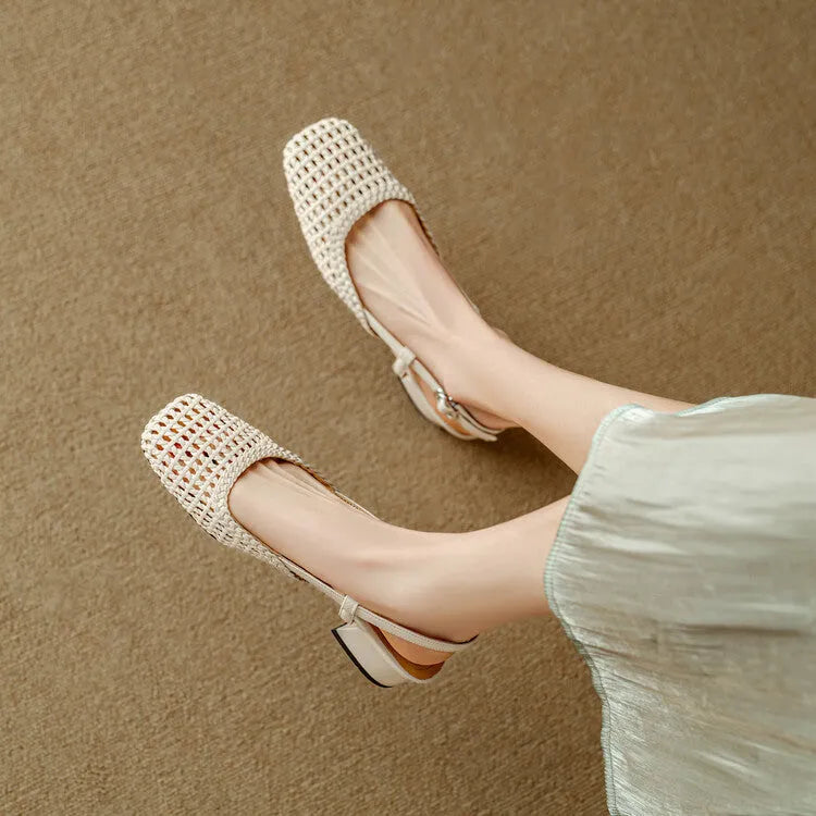 Woven hollow-out closed toe sandals for women with 4cm chunky heel and buckle closure in beige