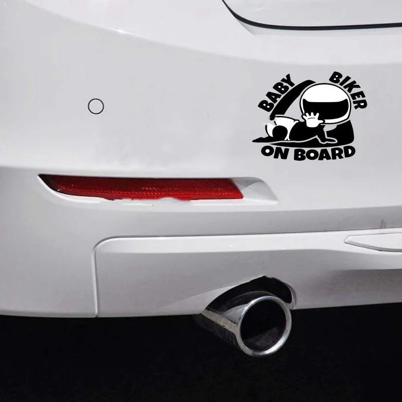Reflective Baby on Board warning car sticker in black and white, measuring 14.5 by 15 centimetres.