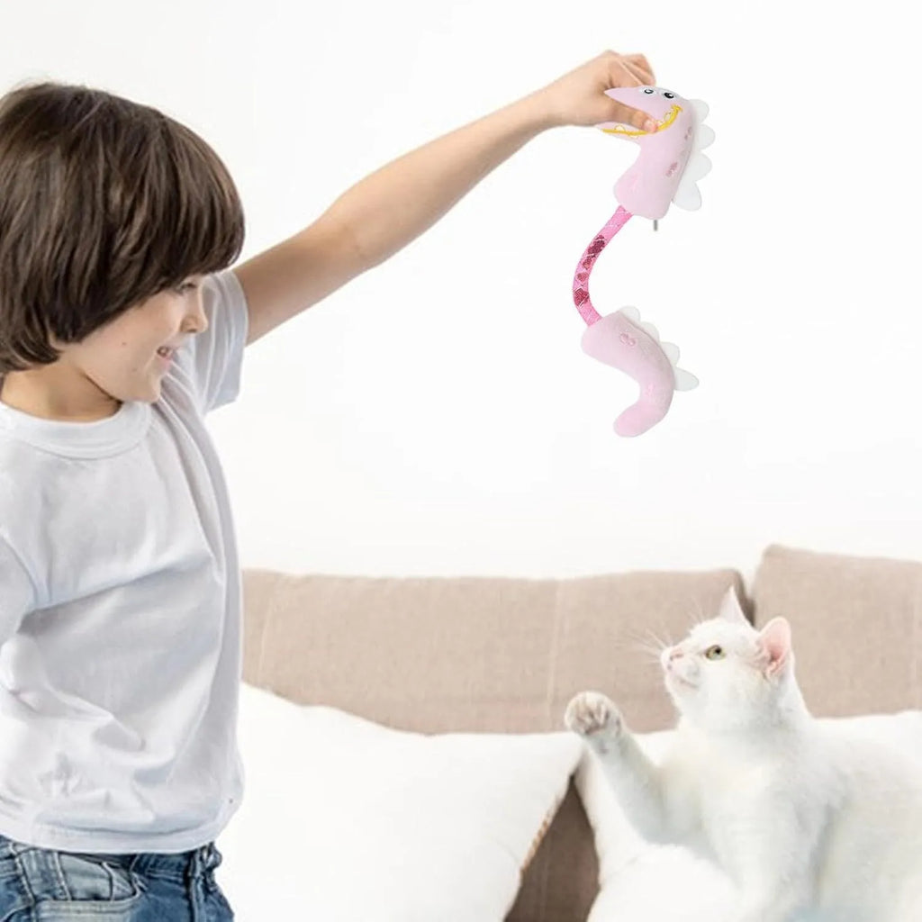 Set of four plush cat toys including a fish, mouse, bunny, and chew toy in assorted colours.