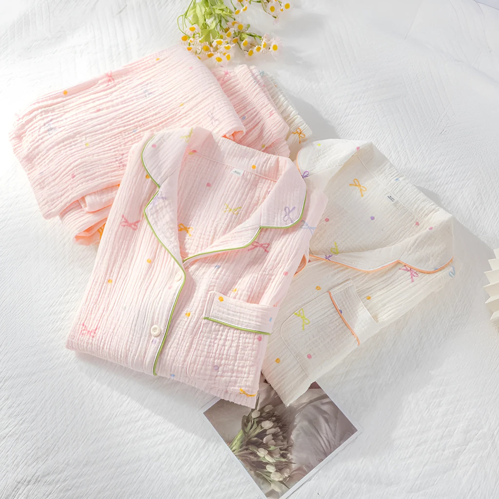 Women's cotton crepe pajama set in pink with long sleeves and trouser-length pants