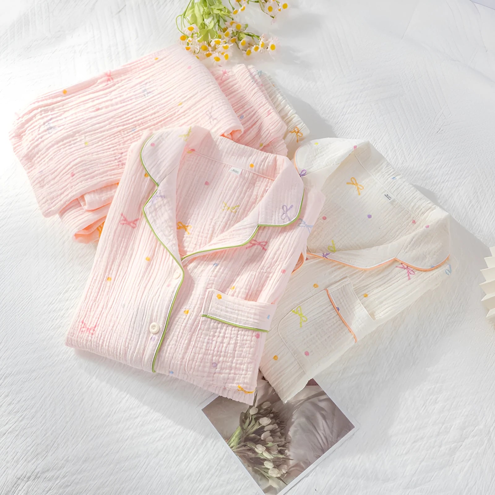 Women's cotton crepe pajama set in pink with long sleeves and trouser-length pants