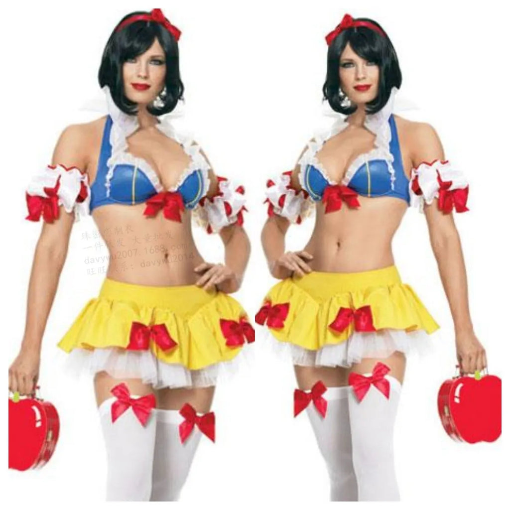 Anime Halloween Snow White costume set with headwear, top, short skirt, and hand sleeves in cotton blend fabric