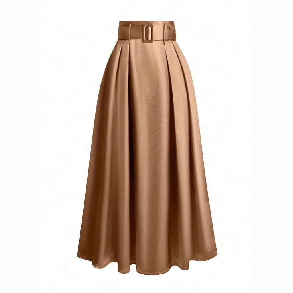 Women's high waist pure colour satin lace-up skirt in black polyester fabric, front view