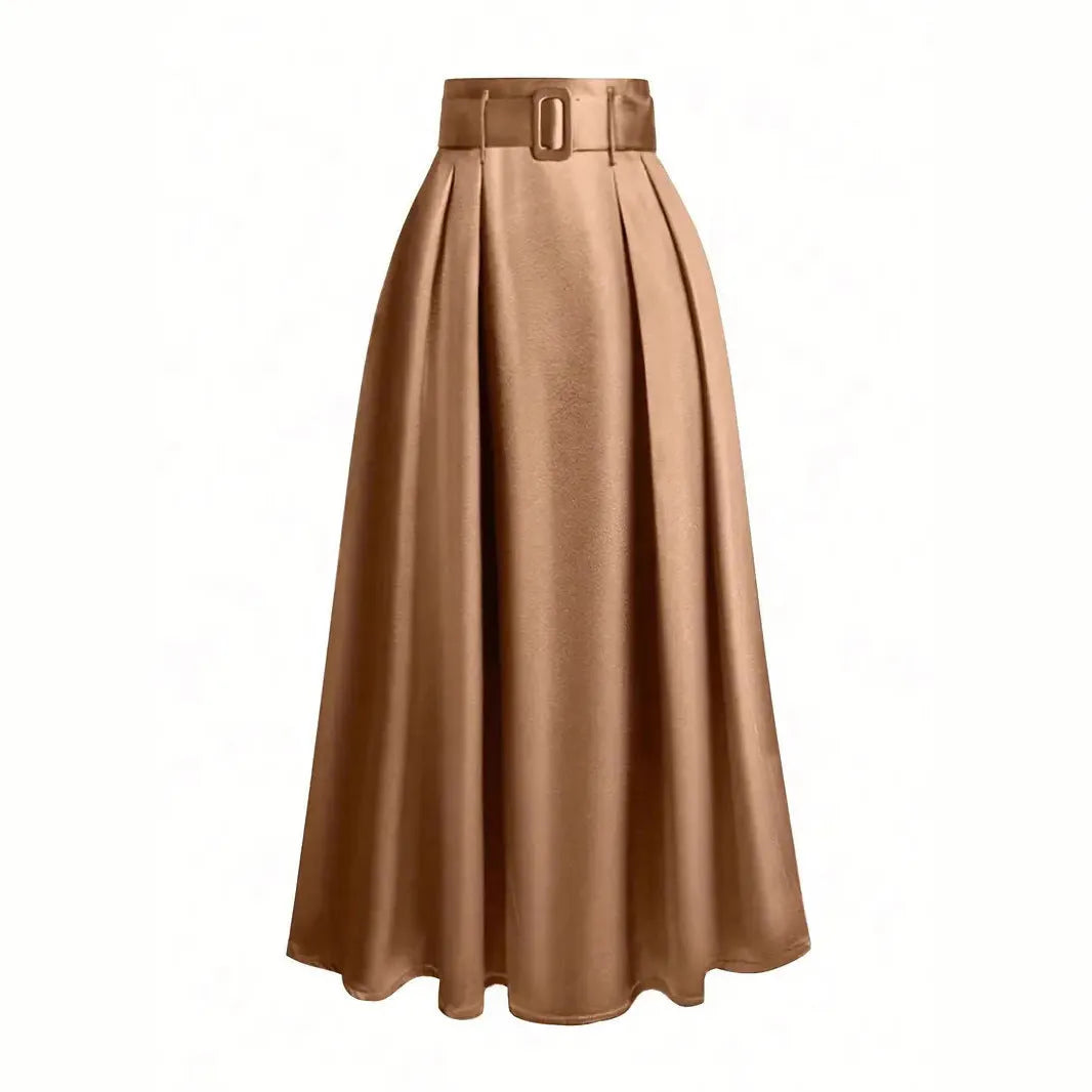 Women's high waist pure colour satin lace-up skirt in black polyester fabric, front view
