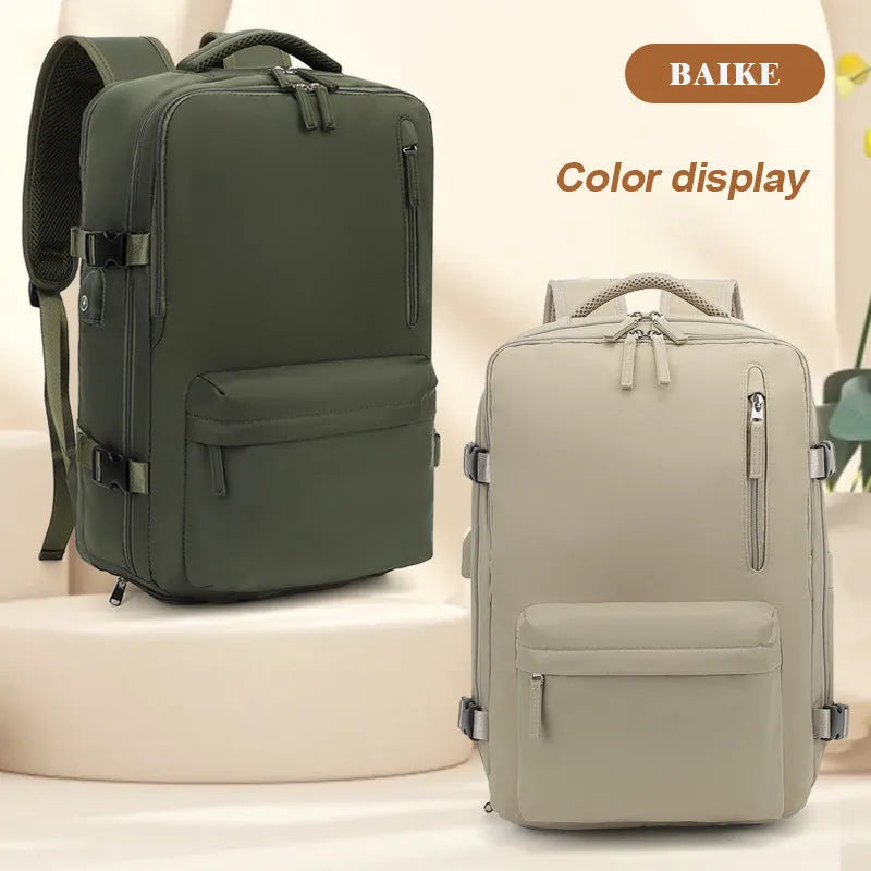 Front view of large capacity waterproof Oxford cloth backpack in solid colour with curved shoulder strap