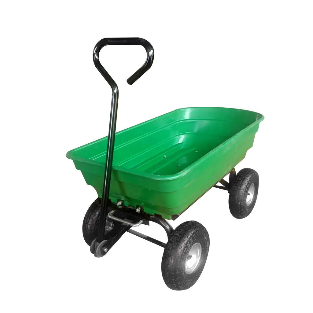 Green four-wheel plastic dump truck with steel frame and tipping bed for agricultural use.