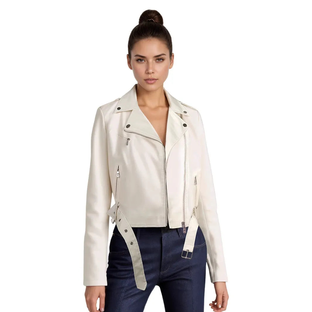 Women's red PU leather jacket with lapel collar and belt detail