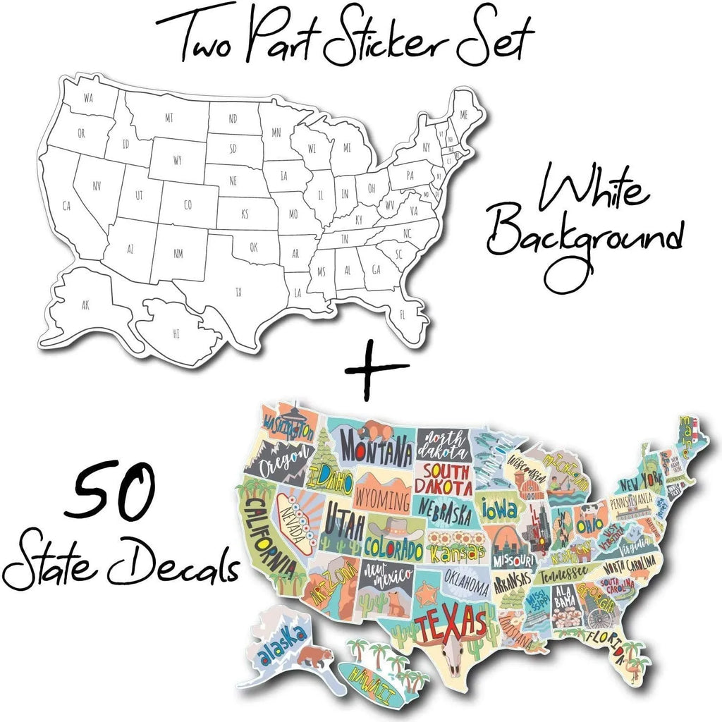 Travel-themed world map car body sticker set with vinyl lettering on white background decal