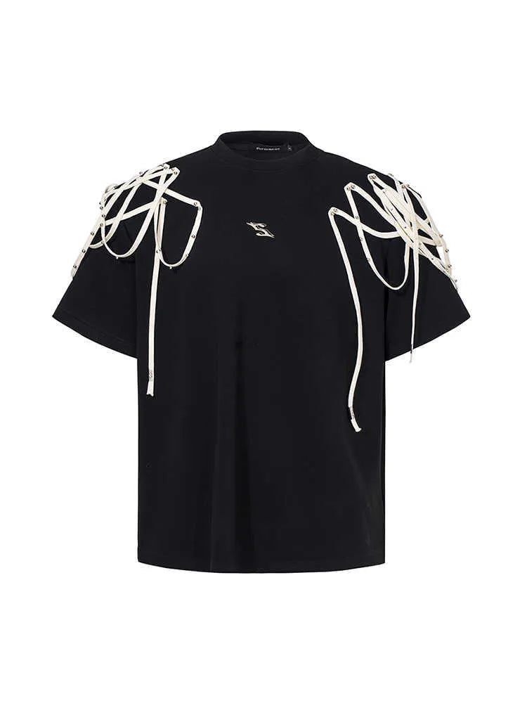 Black loose fit t-shirt with rivet ribbon padded shoulders and round neck collar