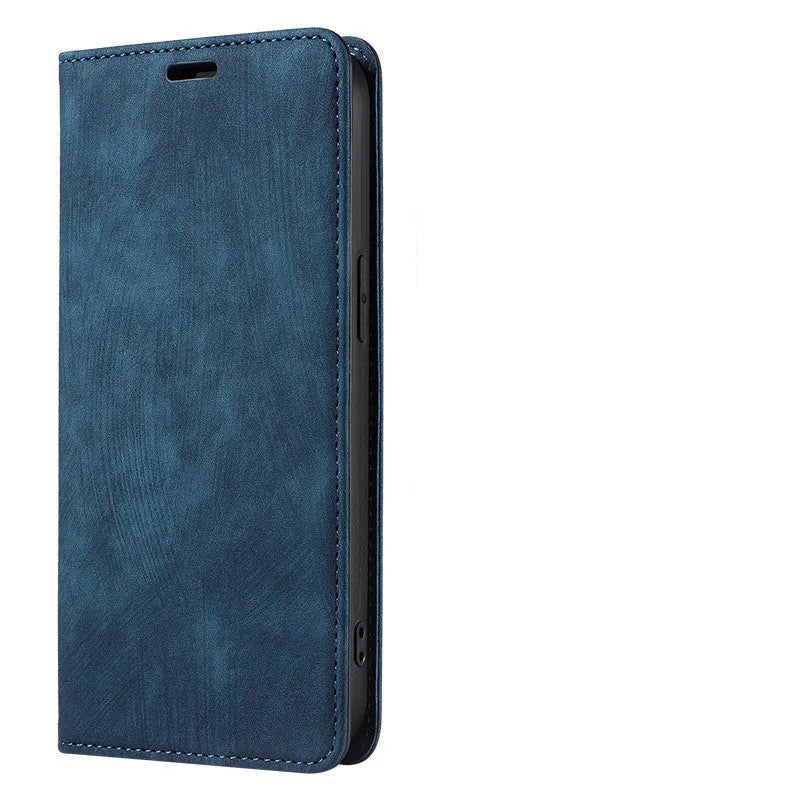 Magnetic flip phone case for iPhone in genuine leather and TPU, shown in grey colour with flap closed.