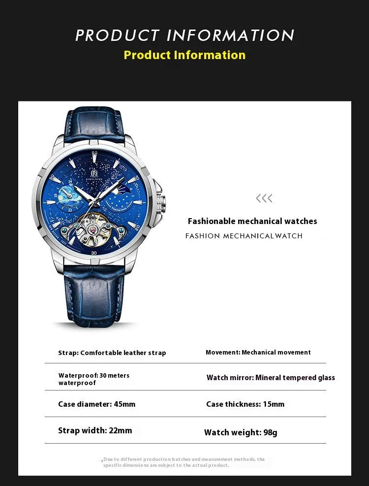 Men's automatic mechanical watch with blue dial and stainless steel bracelet showing thickness