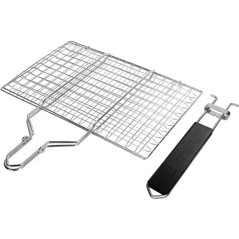 Square stainless steel folding barbecue mesh basket with a cleaning brush for outdoor grilling