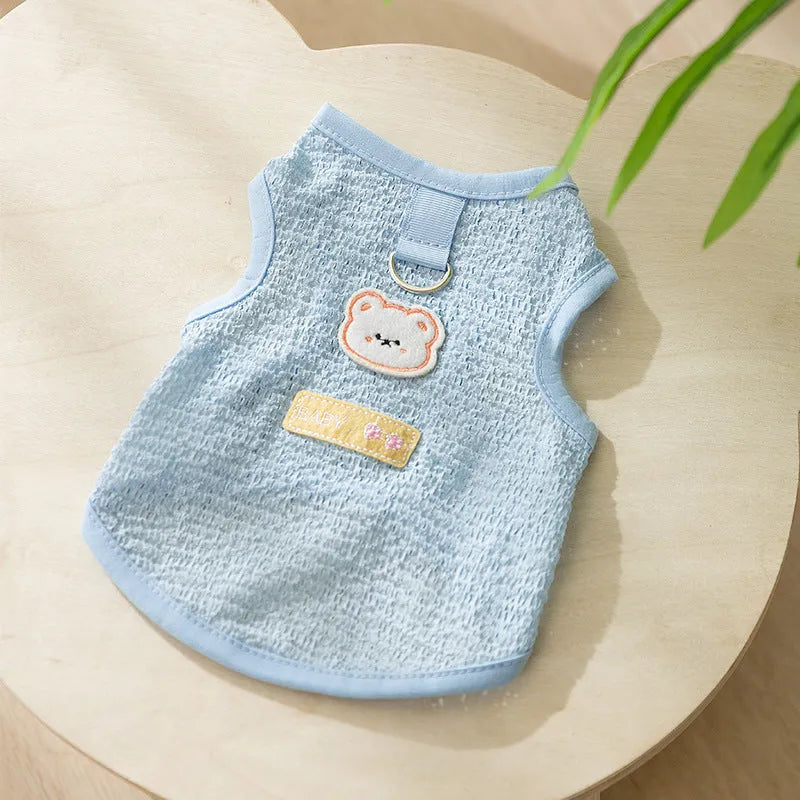 Knitted cat clothing with hollowed-out breathable design and cartoon bear patch in green colour