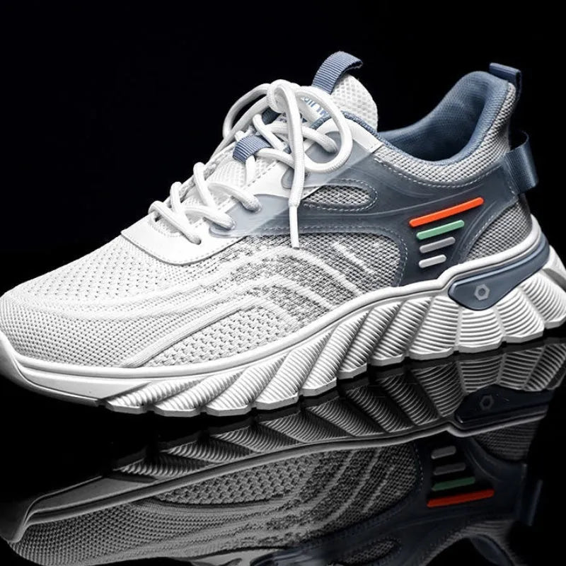 Men's white blue and black platform casual sports shoes with mesh upper and rubber sole