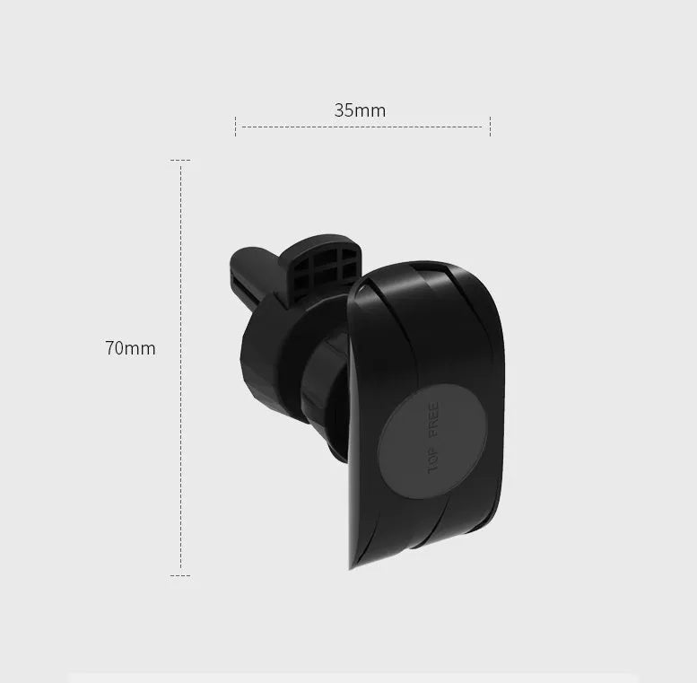 Black car phone holder clipped to a car air vent