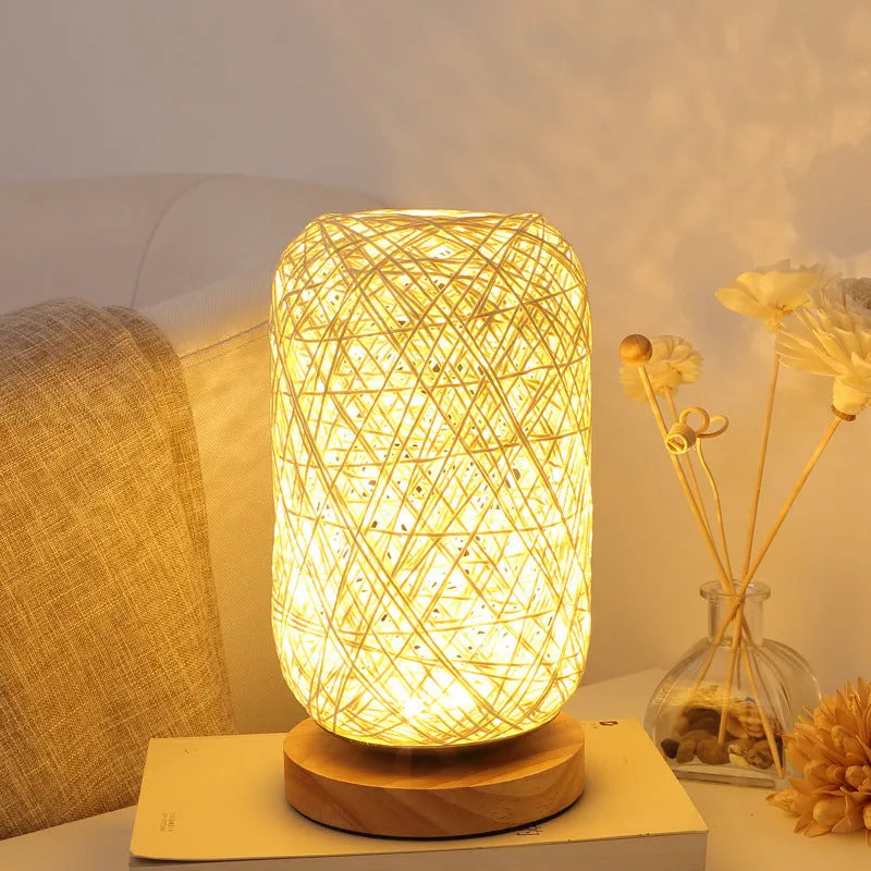 Sepak Takraw ball design desk lamp made from brown hemp rope with LED light and wooden base
