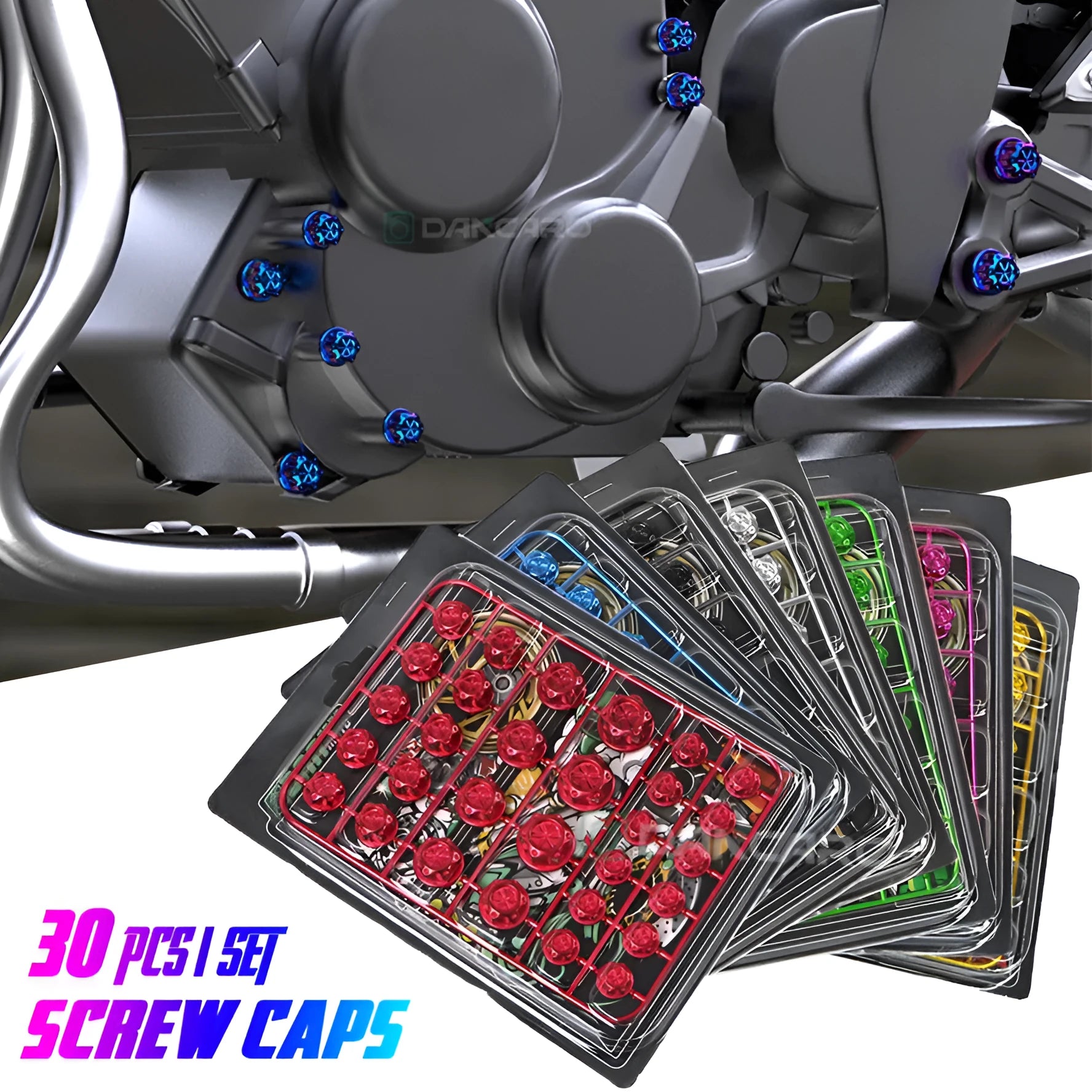 30-piece set of ABS plastic motorcycle screw caps in black, red, gold, blue, silver, green, orange, purple colours