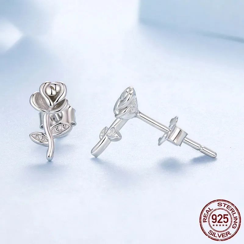 Three-dimensional rose stud earrings in S925 sterling silver, colour BSE1246, fairy style floral design