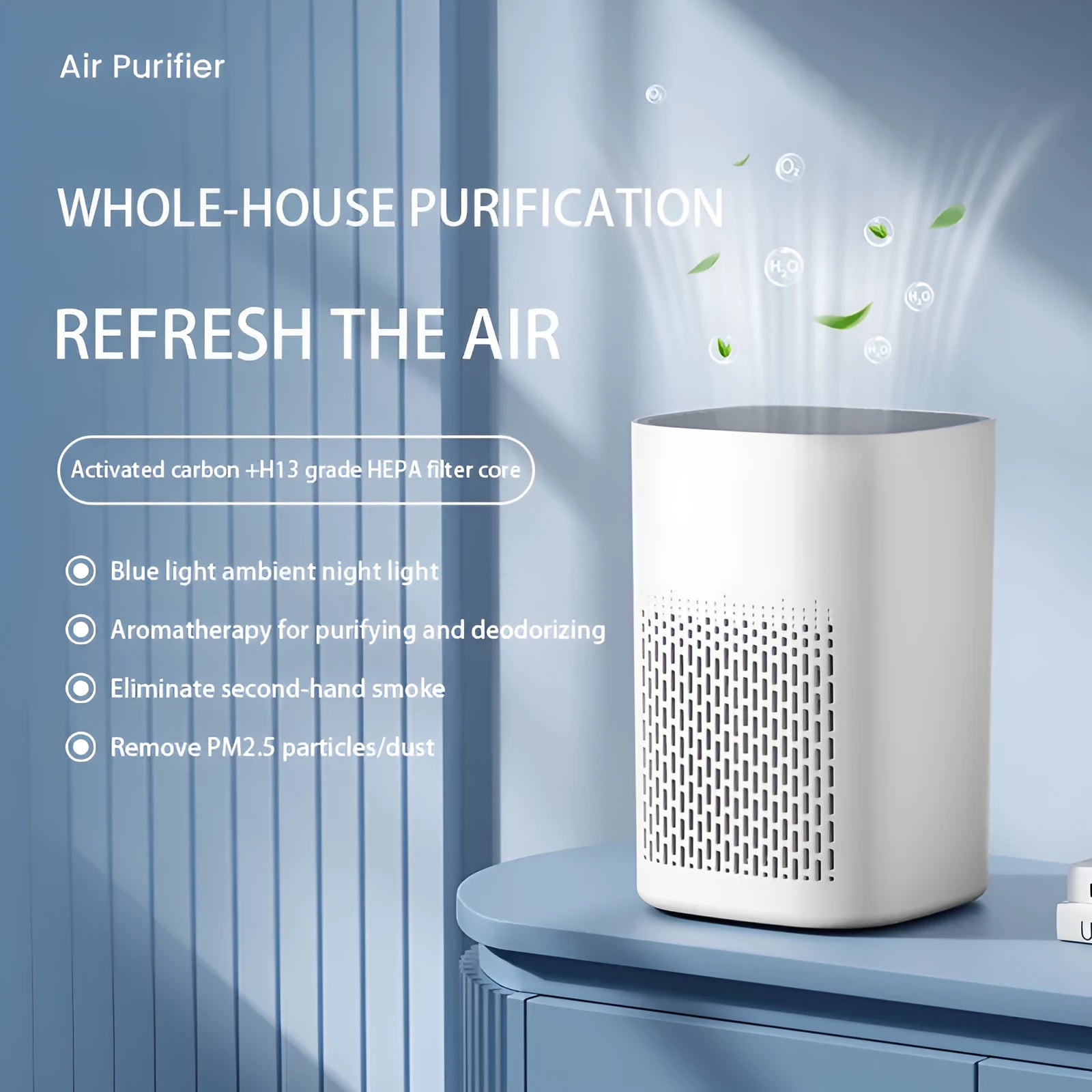 Simple style desktop air purifier with USB cable for small rooms.