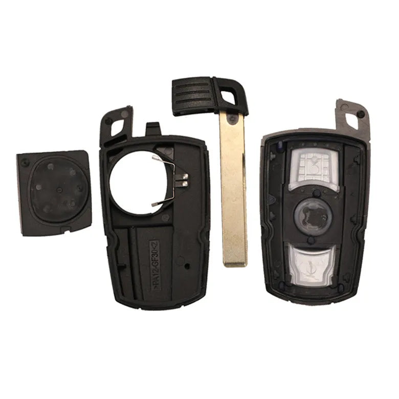Set of three black BMW CAS3 semi-intelligent remote control car keys on a white background.