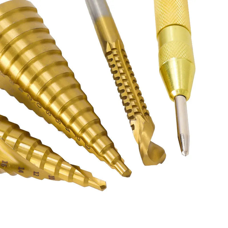 High-speed steel step drill bits and centre punch set for metalworking with diameter ranges from 3mm to 32mm