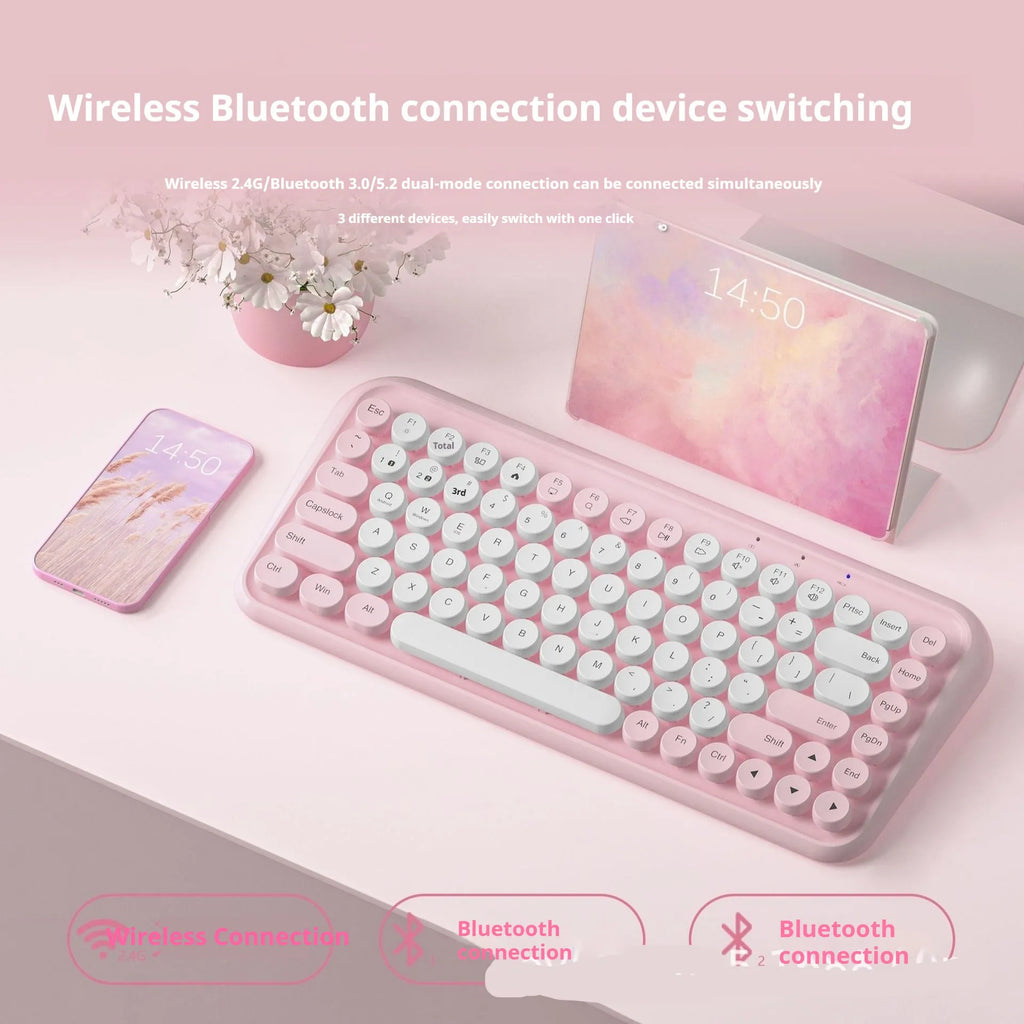 Pink Bluetooth wireless keyboard with 84 keys in compact portable design