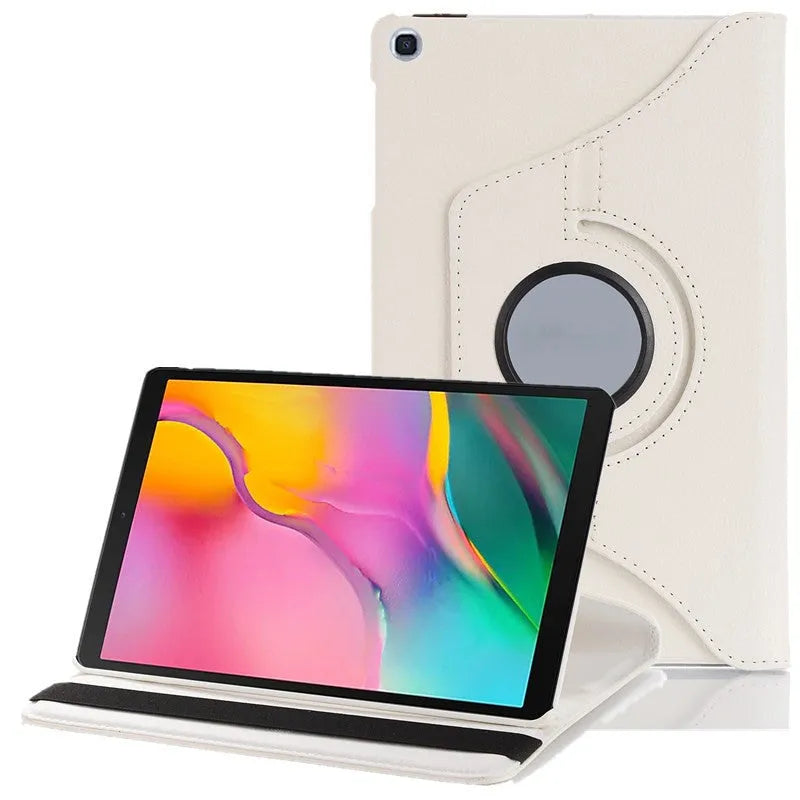 iPad rotating protective sleeve in imitation leather clamshell design showing rotation function and solid colour options