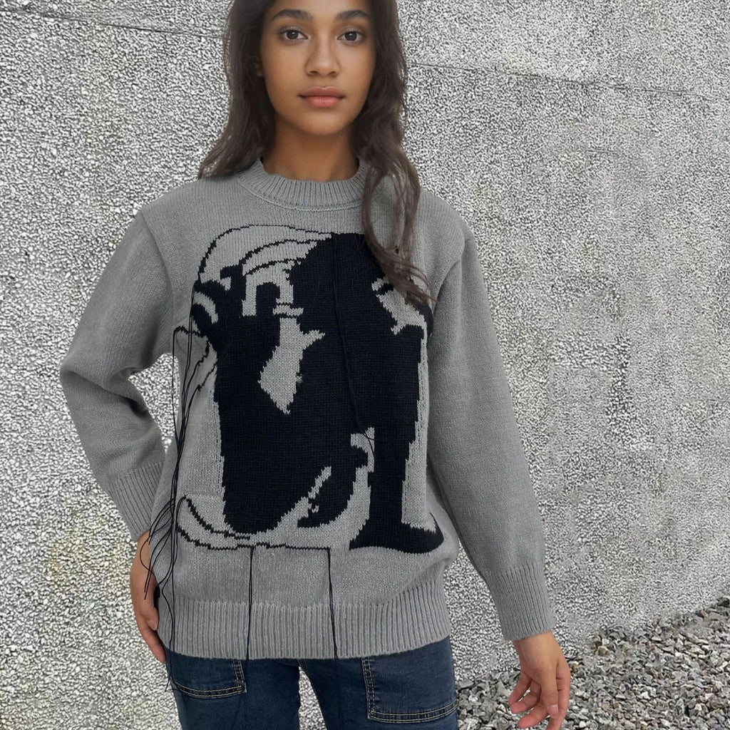 Women's loose round neck tassel design sweater in gray alpaca wool blend pullover, front view