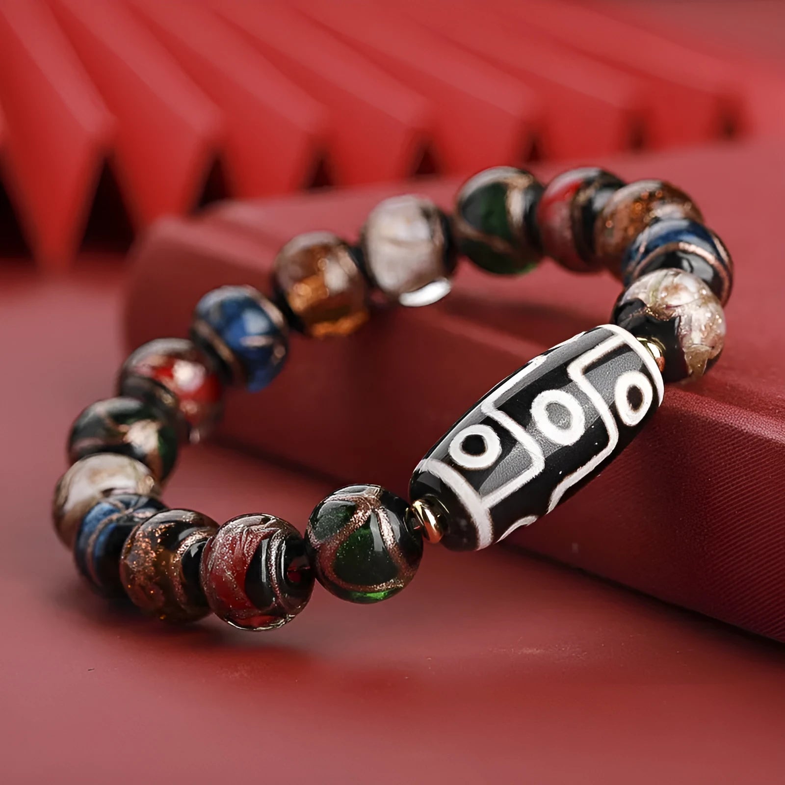 Traditional Chinese colourful glass bead bracelet with five-colour pattern and snake charms
