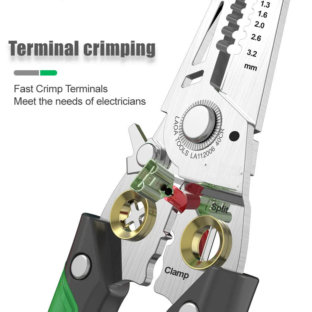 Professional 7-in-1 stainless steel wire stripper tool with two-colour handle and labelled stripping ports.