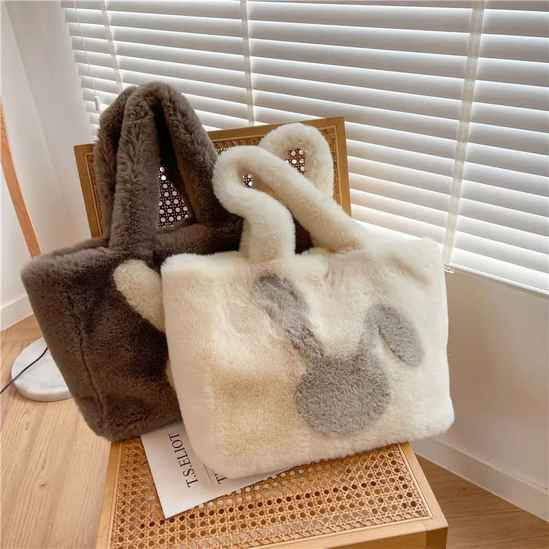 Women's plush shoulder bag with cartoon rabbit ears decoration in solid colour options