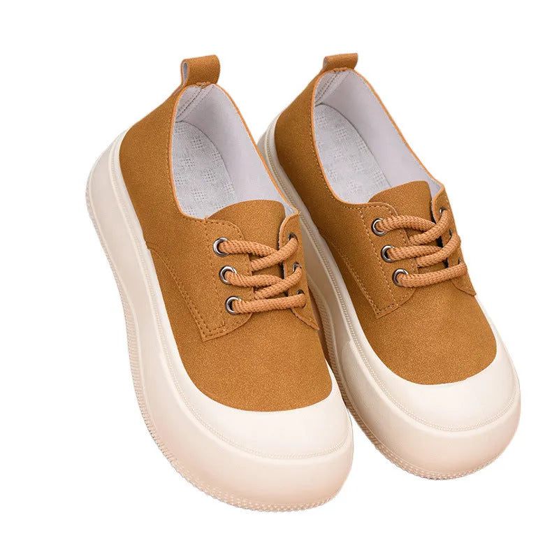 Women's casual platform round toe loafers in beige with suede upper and rubber sole