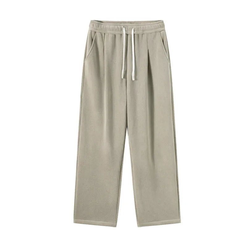 Men's apricot double-sided polar fleece loose-fit winter sports trousers with drawstring waist.